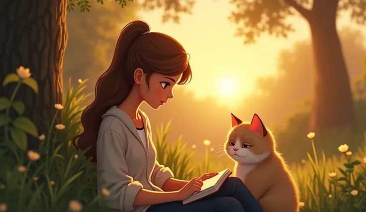 Elif and Minnoş ,  sitting together at sunset ,  with something Elif wrote in a notebook,  Minnoş lying on her lap , Draw realistic in animation style .