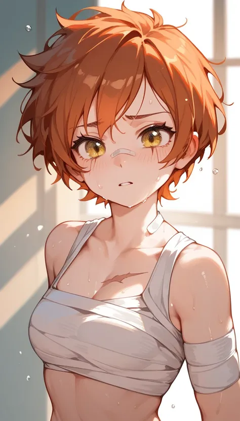  girl,Short hair,Copper hair, in yellow eyes,, there is a scar on the face ,cute, Medium Bust, there is a bandage around the chest., sweating,In the smelting room 