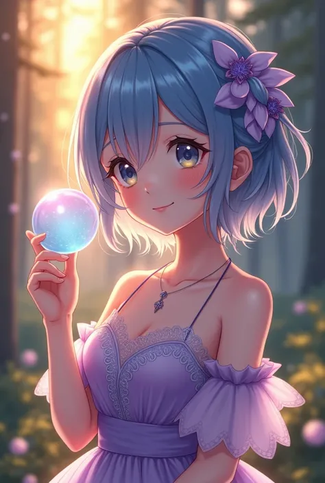  high quality，masterpiece， high res，fantasy style，(magic bubble)，1 girl，Gradient eyes， disheveled blue hair ， blush， charming smile ， gorgeous condensation evening dress ， lilac pattern ，Hair accessories，necklace，Jewelry，beauty，Colorful，Pine Forest, nature...