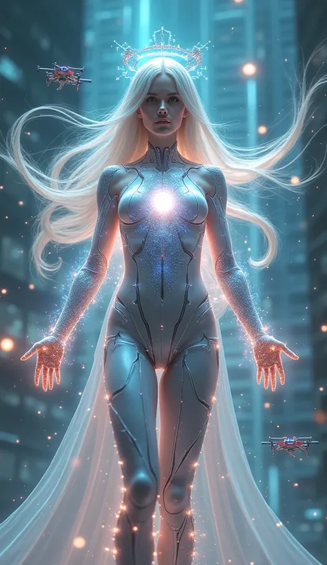 "Depict *Transhumanism* as a futuristic, ethereal figure that seamlessly blends human and technological elements, embodying innovation, progress, and the evolution of humanity. The figure stands in a majestic pose, radiating a serene yet commanding presenc...