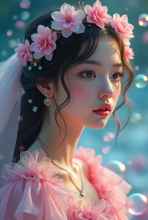 a girl in a magical fantasy world, enchanting colorful soap bubbles, beautiful detailed eyes, beautiful detailed lips, extremely detailed face and portrait, longeyelashes, elegant flowing dress, whimsical magical atmosphere, dynamic movement, glowing soft ...