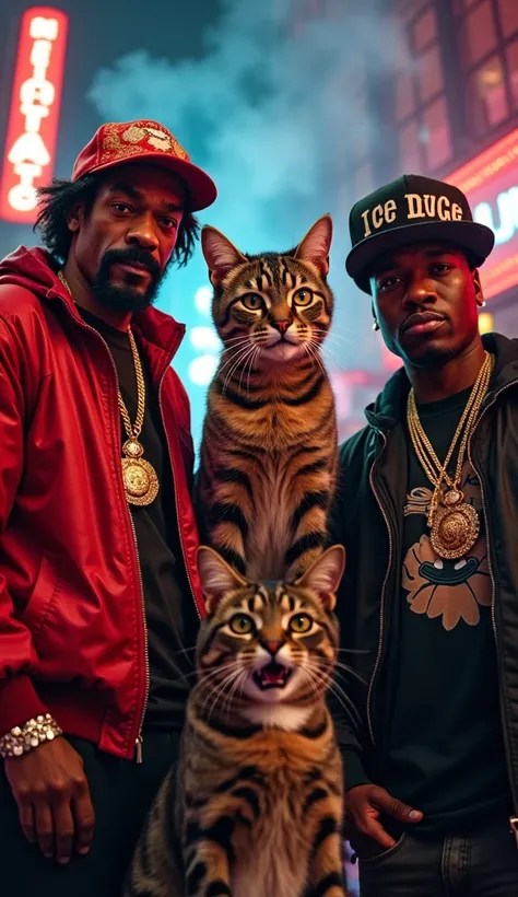 Four charismatic hip-hop cats (Snoop Dogg as a Maine Coon with reds and royal chains, 50 Cent as a grey cat with a baseball cap, The Game as a Bengal cat with tattoos, Ice Cube as a black and white cat with a hat) The camera pans upwards, accented by the c...