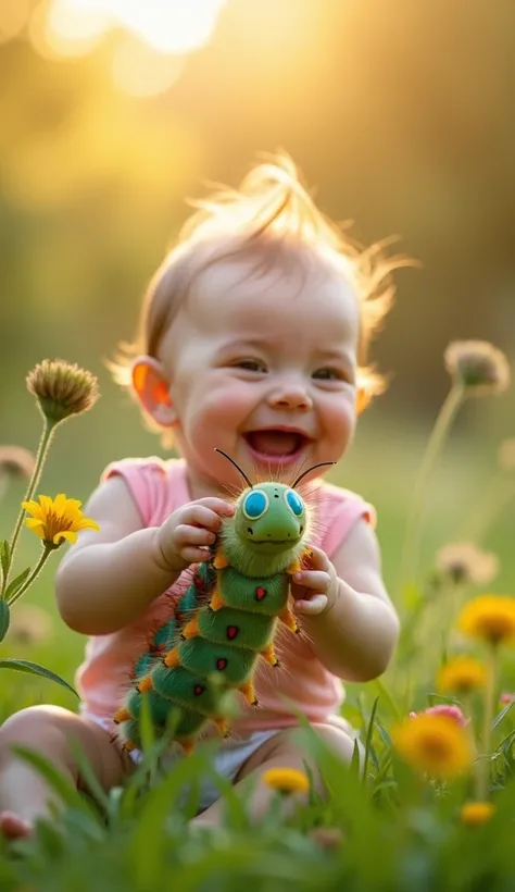 Macro photograph of a tiny baby with chubby arms and legs giggling as it holds onto the soft, fuzzy back of a colorful caterpillar. The caterpillar climbs up a green blade of grass, surrounded by wildflowers swaying in a gentle breeze. The sunlight is warm...