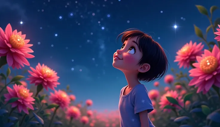 A young girl named Star ,  looks at the sky with a smile . In the background,  features the brightly colored flowers of the Dahlia, which bloom at night and sparkle. Draw realistic in animation style .