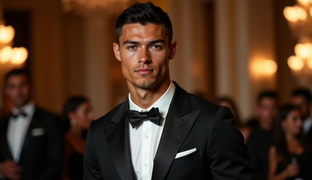 Full body portrait of Ronaldo in a suit, small head, extremely detailed skin, at an elegant party, blurred background.