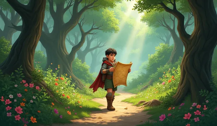 Yıldız,  deep in the forest , eski bir haritayı elinde tutarak yürürken görünmektedir. Around there are tall trees ,  colorful flowers and a path full of challenges.  draw realistic in animation style .