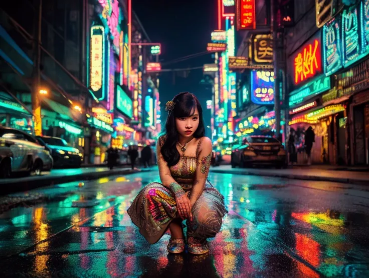 ((masterpiece))((highest quality)). ((Background is a Highly detailed cyberpunk city with multicolor LED lights. Graffiti .Luminous.))Beautiful Thai girl wearing a Vintage Thai wedding dress Kneeling, holding a bouquet of flowers Asking a Thai man to marry...