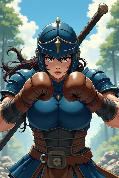 (Amazing. Super high quality. So beautiful. Super detailed. A perfect masterpiece. Unbelievable. 2D, Japanese animation cels). View from below. Three-quarter view from behind. Female warrior. Strong muscles. Detailed shiny navy blue breastplate armor. Deta...