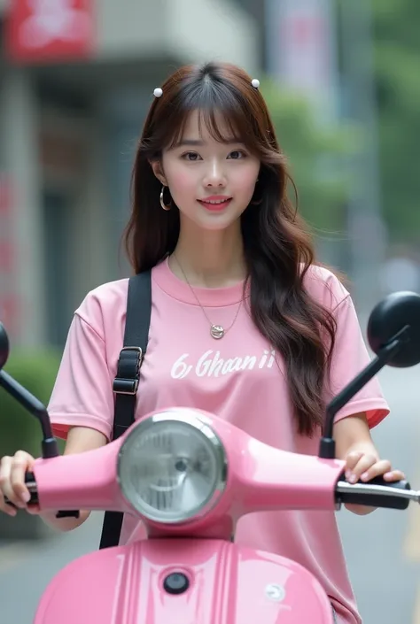  Beautiful Korean woman with long hair bangs wearing hairpins wearing a plain pink jersey looks like she is riding a pink matic motor with the inscription "GHANI "  holding a  of  using a modern sling photo looks real beautiful HD 