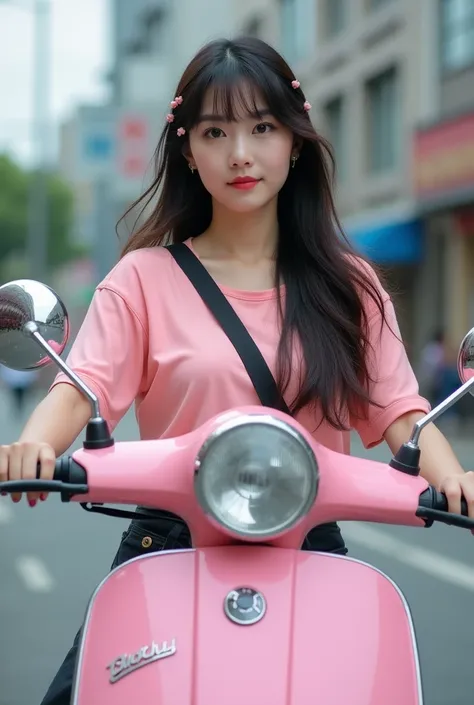  Beautiful Korean woman with long hair bangs wearing hairpins wearing a plain pink jersey looks like she is riding a pink matic motor with the inscription "GHANI "  holding a  of  using a modern sling photo looks real beautiful HD 