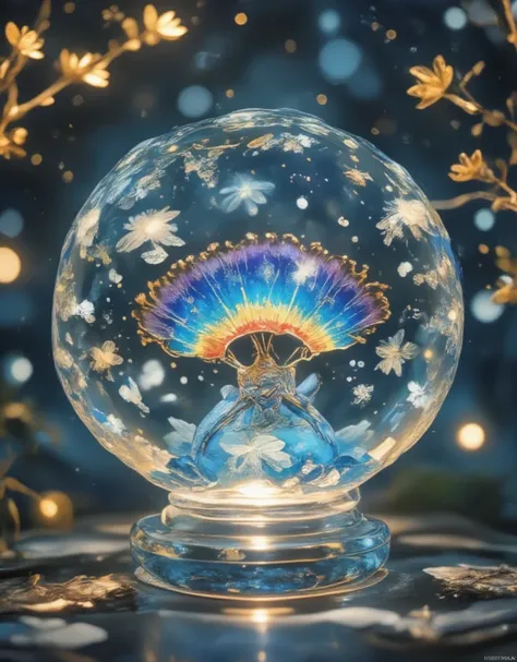  bubble jar close-up , Rainbow inside the bubble , , Colorful clouds, ,  glass reflection ,  Curved Surface Distorted , Background starry sky, contrast, depth, magic,  Ethereal Light ,  super detailed, Dark background,  heavenly beauty, Macro Photography