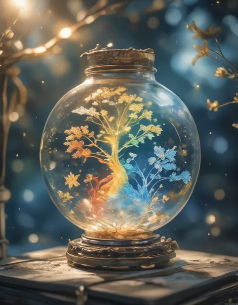  bubble jar close-up , Rainbow inside the bubble , , Colorful clouds, ,  glass reflection ,  Curved Surface Distorted , Background starry sky, contrast, depth, magic,  Ethereal Light ,  super detailed, Dark background,  heavenly beauty, Macro Photography