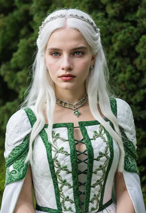 a targaryen princess with white hair, wearing a whitegreen medieval dress
