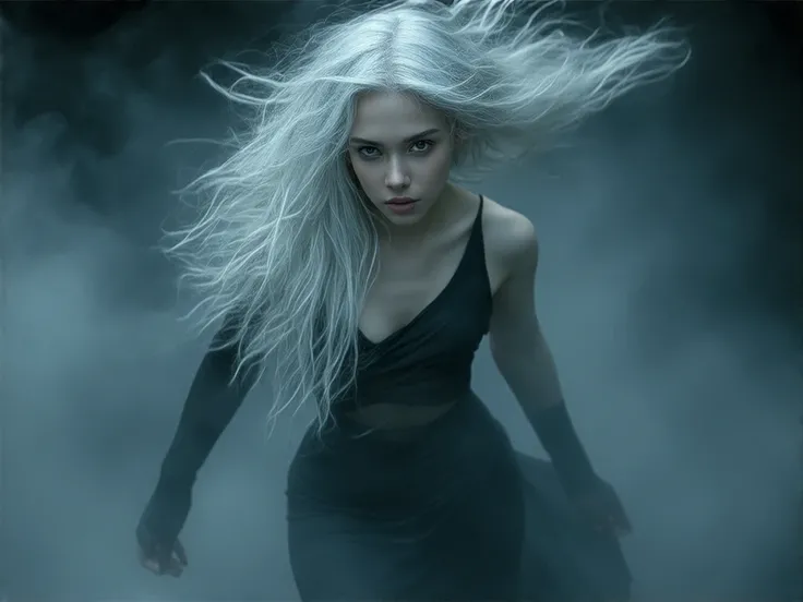 A beautiful girl with white hair in a tight dress is in a state of preparation for a defensive fight. The face is busy. The background is an adventurous atmosphere.