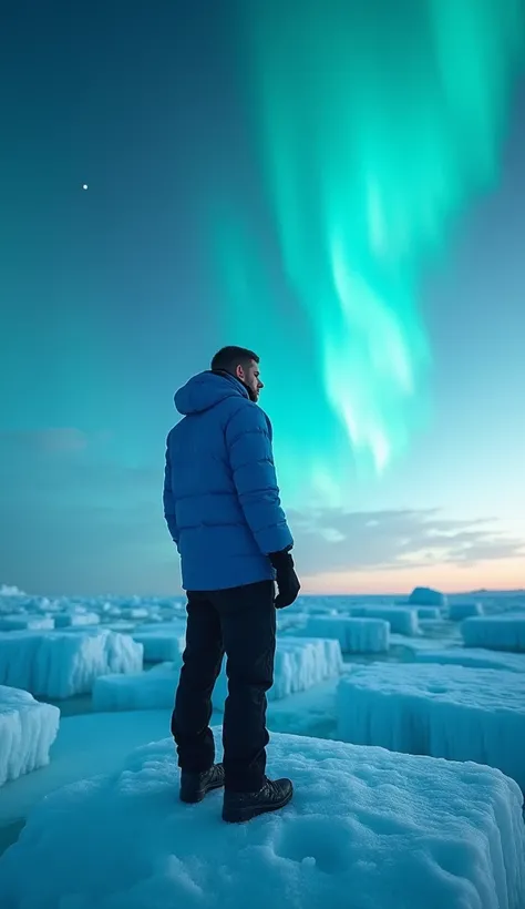 a man in very warm blue winter clothes , standing on a glacier , Frozen,  the man looks away from the camera showing the immensity of the glaze,  with a bright red aurora borealis light , red:1. 5 beautiful colors of aurora that can be seen very clear the ...