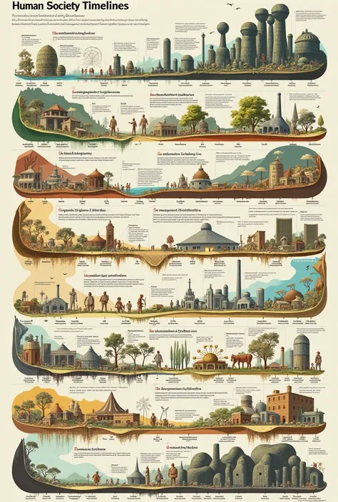 make an illustrated timeline that clearly shows the major development and changes that happened to human society from the hunting and gathering stage to the post-industrial stage and make it drawing