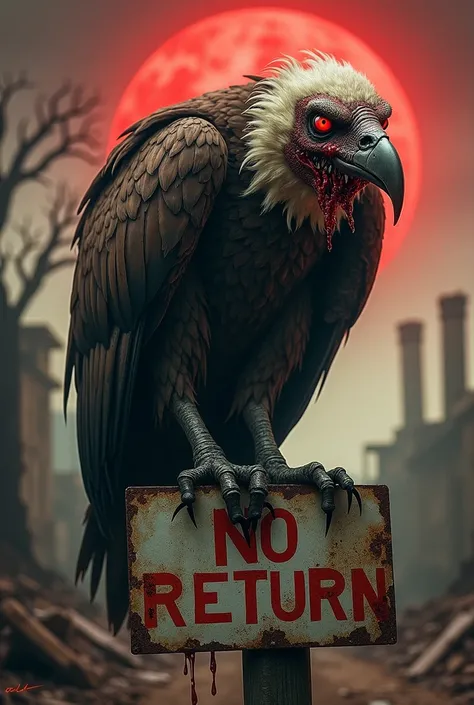 "Depict a grotesque, zombie-like vulture perched atop a crumbled metal sign that reads NO RETURN. The vultures decaying feathers are sparse, revealing patches of mottled, rotting skin, and its sharp, bloodied beak drips with a dark, viscous substance. Its ...