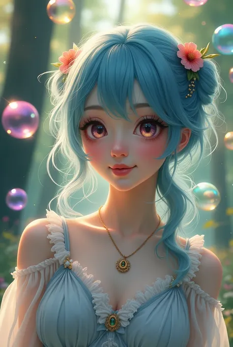 神奇fantasy世界中的动漫女孩，Lots of flying colorful soap bubbles ，Gradient eyes， disheveled blue hair ， blush， charming smile ， Elegant and flowing dress ，Hair accessories，necklace， Whimsical and magical atmosphere ，Dynamic Movement，Glowing soft lighting ， bright co...