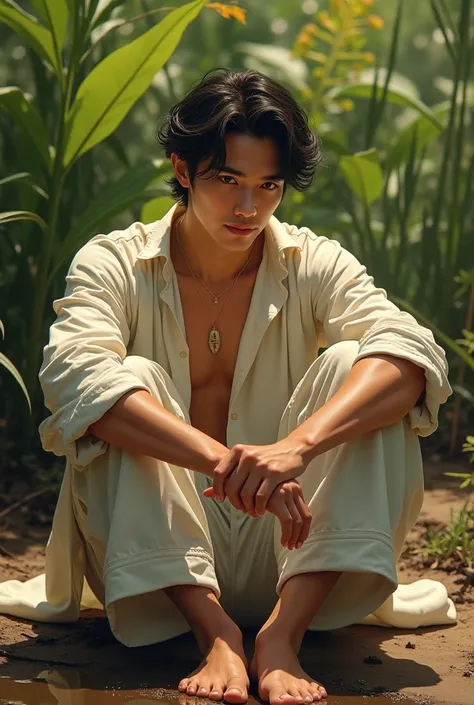 (photorealism:1.2), man, sitting on muddy, wearing loose off-shoulder top, pajama pants, black hair, outdoors, soft lighting, plants in background, relaxed pose, realistic, intricate details, warm colors, by Greg Rutkowski, by Alphonse Mucha