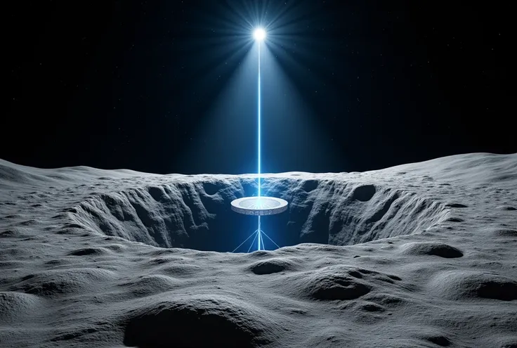 ((masterpiece, highest quality, Highest image quality, High resolution, photorealistic, Raw photo, Extremely detailed CG unified 8k wallpaper)), Solar power facility on the moon seen from above, one laser blue light extending upward, high contrast, black a...