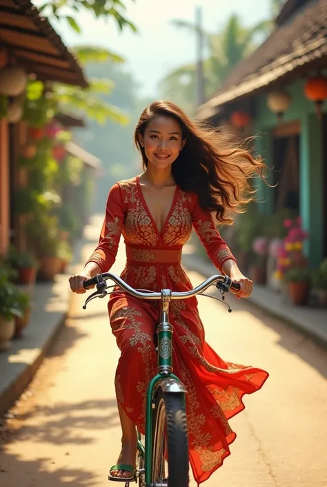 a beautiful woman dressed in a kebaya, She is cycling around the village. The weather is sunnny and bright.