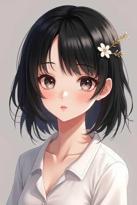 loli anime girl, realistic shadows, detailed skin, very small breasts, black hair, very detailed, 8k highly detailed face, perfect face shape, full perfect lips, perfect nose, correct beautiful eyes, watching viewer, white shirt, hair flowers, masterpiece,...