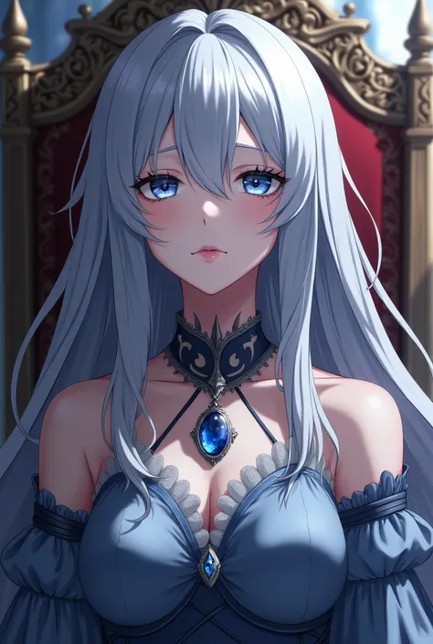 anime,queen, sit on throne, blue eyes,silver hair,calm,elegant,wear silver necklace with sapphere stone in middle,no emotion,sad,taken from the side,precision
