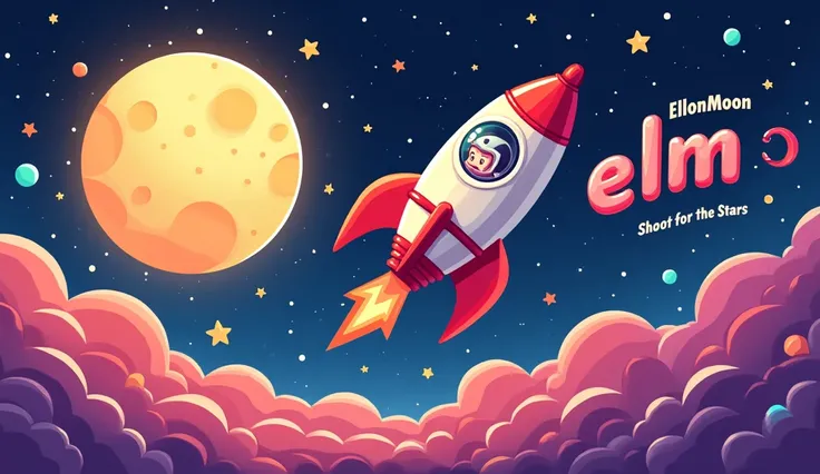 "A vibrant, cosmic banner for the ElonMoon token. The banner features a cute cartoon rocket with a smiling face, flying towards a glowing yellow moon. The rocket has red and silver accents, with the letters ELM prominently displayed. A small cartoon astron...