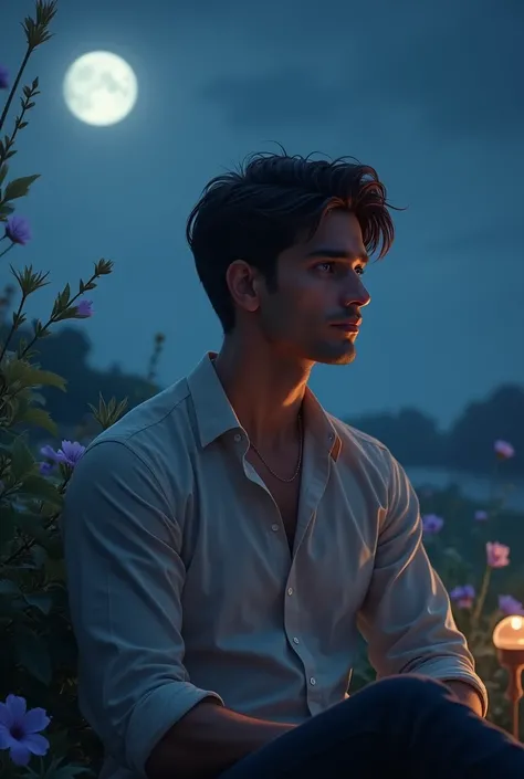 A handsome man seating in the moonlight and thinking about his love. And say mere sapno me hai tera basera.