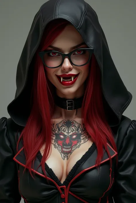 Make an image with what Im going to say : Woman 34 years old,  Long hair and dark red,  Dark red eyes and black glasses with red details , vampire teeth, blood tattoo on the neck, a sarcastic smile ,  Black occultist clothing with red army clothing details...