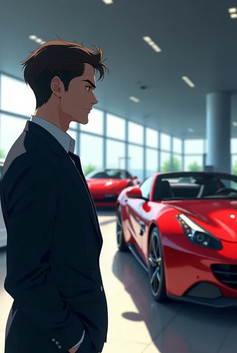 A man looking to successful man cars the he want. Looking very poorly to the cars. Anime pic look realistic