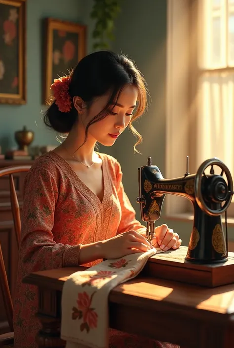 a beautiful woman dressed in a kebaya, She is sewing using old sewing machine. She is seating in the dining room in her house. the sun light enter the house. The weather is sunnny and bright.