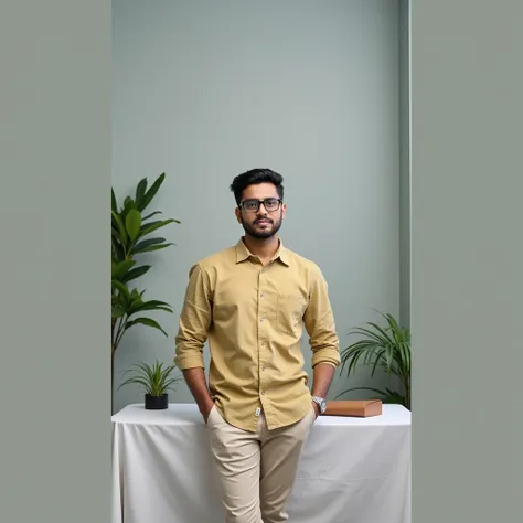 21 year old indian boy with fair skin wearing spectacles and narrow body posing for a linkedin pictures in formal