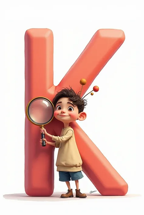  leaning on the letter K with a magnifying glass in his hand.  white background Pixar watercolor style 