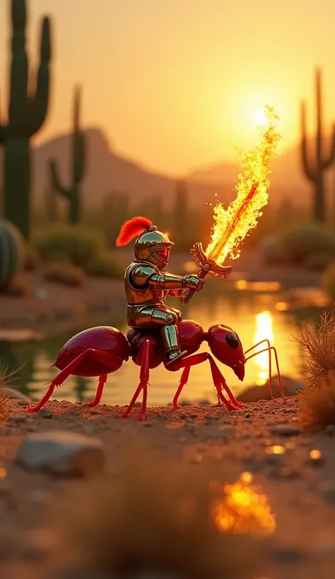 Macro photograph of a tiny knight clad in gleaming golden armor, seated on the back of a vibrant red fire ant. The knight wields a tiny flaming sword that glows with intense heat, creating ripples of warmth in the dry desert air. The fire ant scurries acro...