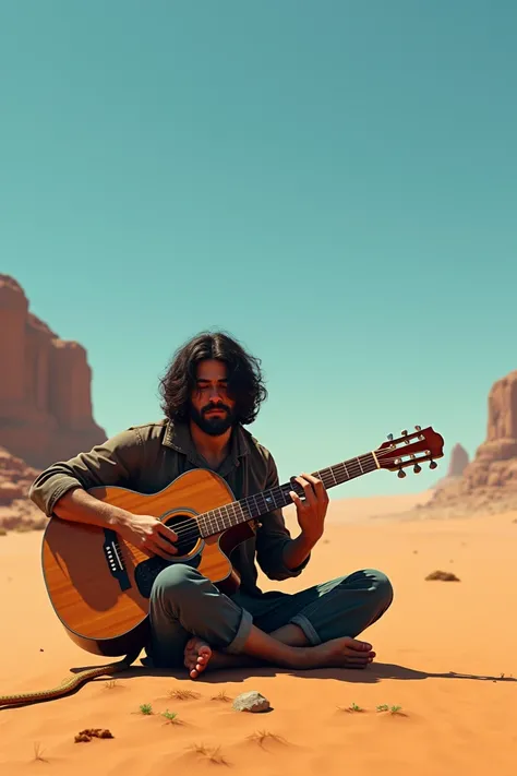 Playing a guitar in a desert 