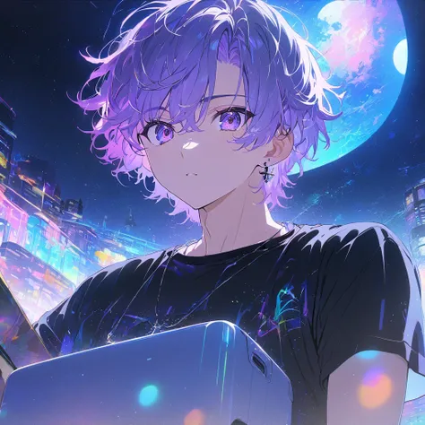  anime male , 4K,  high definition , precise,  masterpiece ,  Flare Models,  handsome young man number one , Multi-colored hair, I&#39;m coloring it.,  purple eyes blue neon ,  sea and moon background, Low light,  black t-shirt XL ,  long sleeves over whit...