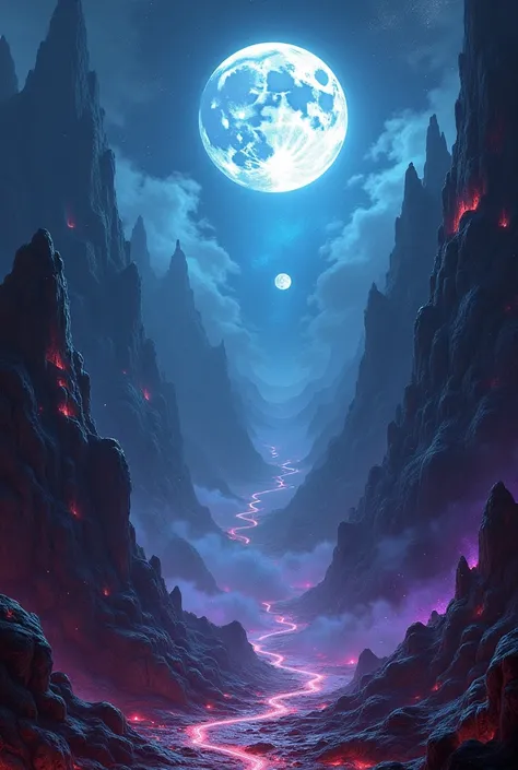 The Moon in a magical, mysterious and terrifying landscape with energy details where the colors red, blue and purple are present 