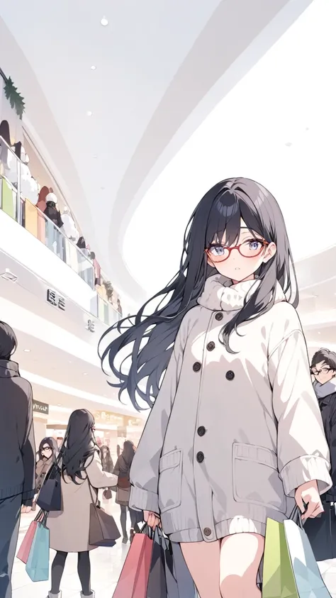 Black hair, long hair, glasses, winter clothes, shopping, shopping mall