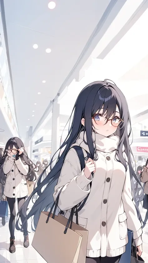 Black hair, long hair, glasses, winter clothes, shopping, shopping mall