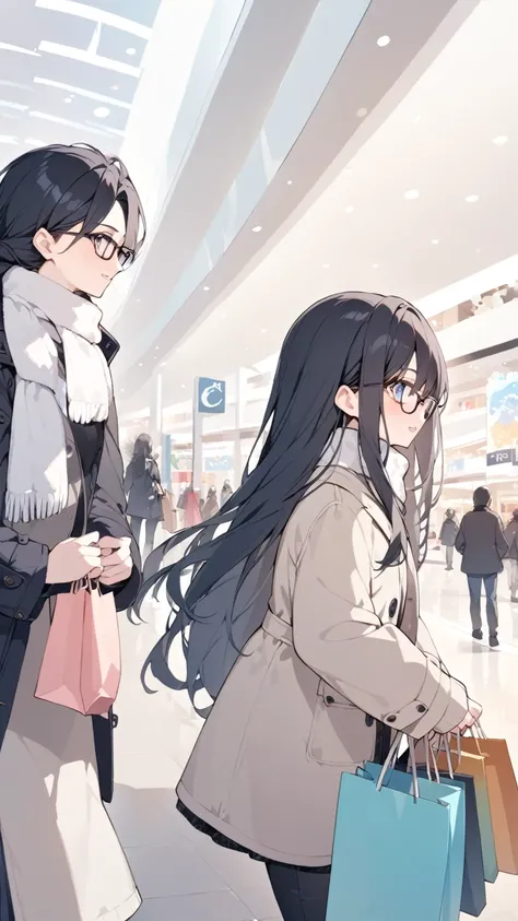 Black hair, long hair, glasses, winter clothes, shopping, shopping mall