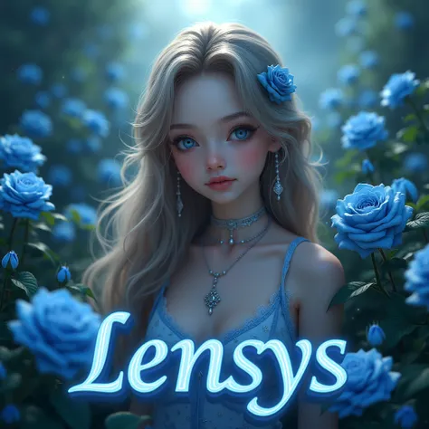 Generate a 3D serif font name "LENSYS" with1girl, Solo, Blush, Long Hair, Bangs, Blue Eyes, Jewelry, Sparkle, Best Quality, blue rose garden in the background From Above, 