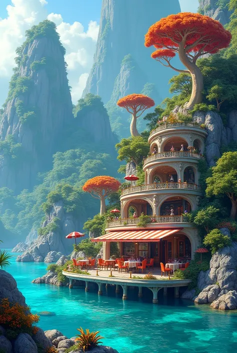 A vibrant planet with blue grass and lots of trees, there is a restaurant on the edje of the water with the entrance on land it has llts of balconys 