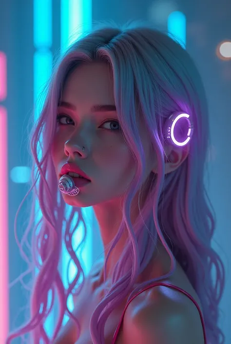 一位未来主义的长发美丽女孩，Beautiful girl with long futuristic hair wearing two pacifiers 