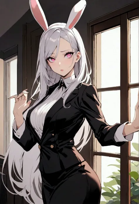 top quality, 1 mature woman, long flowing silver hair, sharp pink eyes, standing by the window, looking at the window, indoors, graceful style, wearing an open white rabbit, wearing a rabbit headband, sadistic expression, perfect face, perfect hands