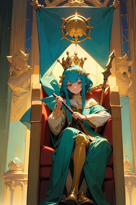 An ornate throne room with golden decor and stained-glass windows. The young king with short blonde hair holds a spear, seated on a grand throne. Beside him stands the queen with long dark blue hair, calm and regal. Nearby, the prince with short red hair, ...