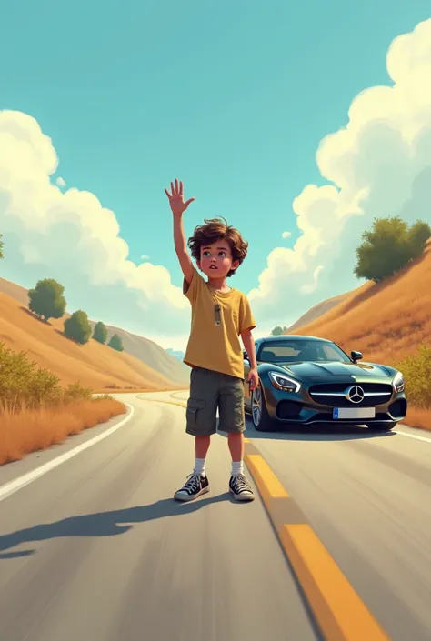 A 15-year-old boy stands on the side of the road as a black Mercedes car approaches. The boy raises his hand, but the car quickly speeds past  cartoon.