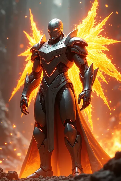 Draw a spawn character with a full armor suit made of iron with a very modern costume shape with fire wings