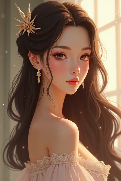  A queen with tan skin and very long brown hair,kind eyes in Manhwa style 