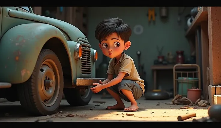 Animated photo of a poor boy is working on a vehicle garage and he is doing hard work 